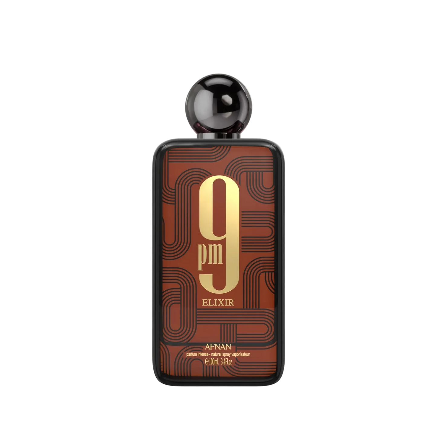 Perfume bottle labeled '9 pm Elixir' by Afnan on a light gray background