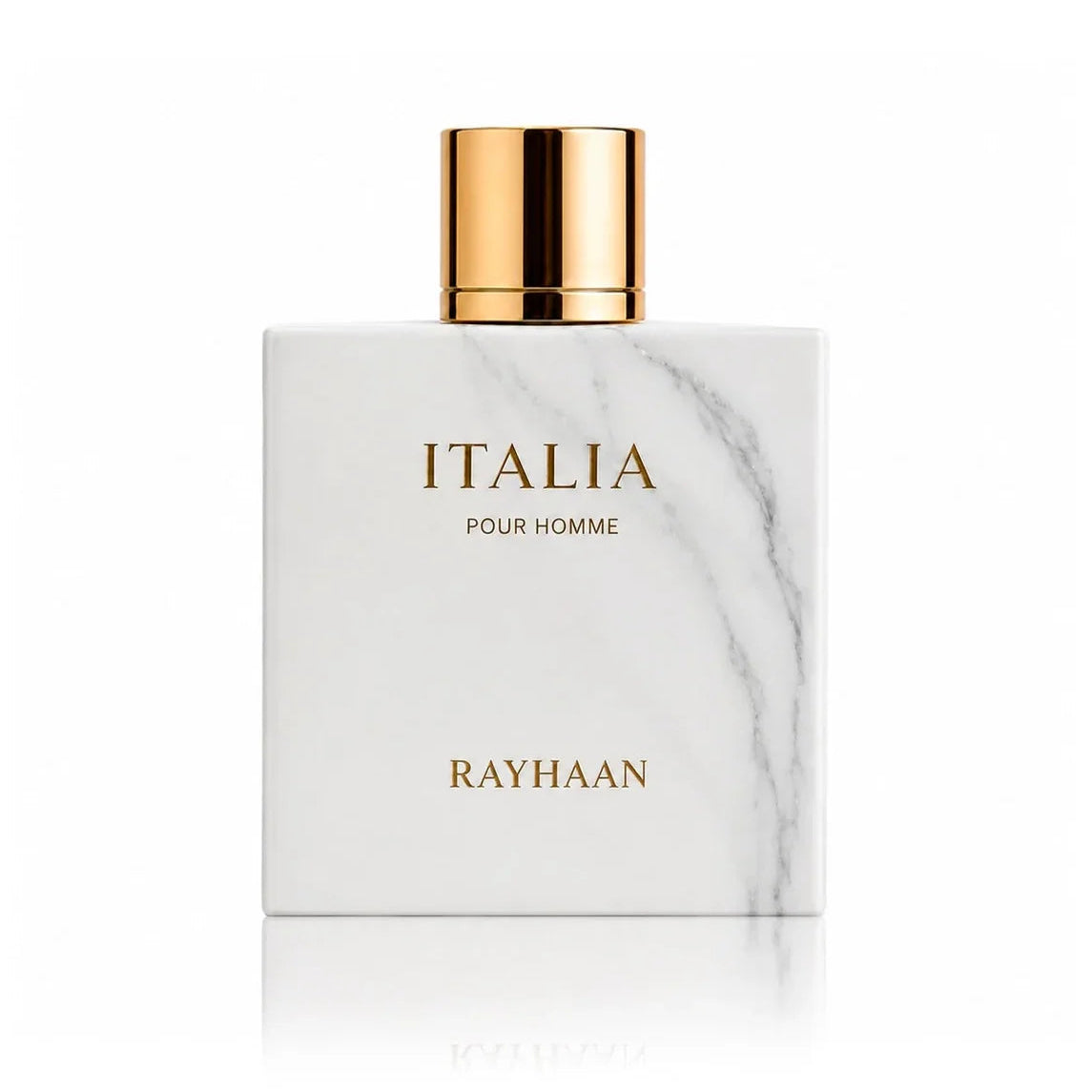 Rayhaan Italia Pour Homme fragrance bottle with a white marble-look front, gold lettering, and a shiny gold cylindrical cap on a white background.