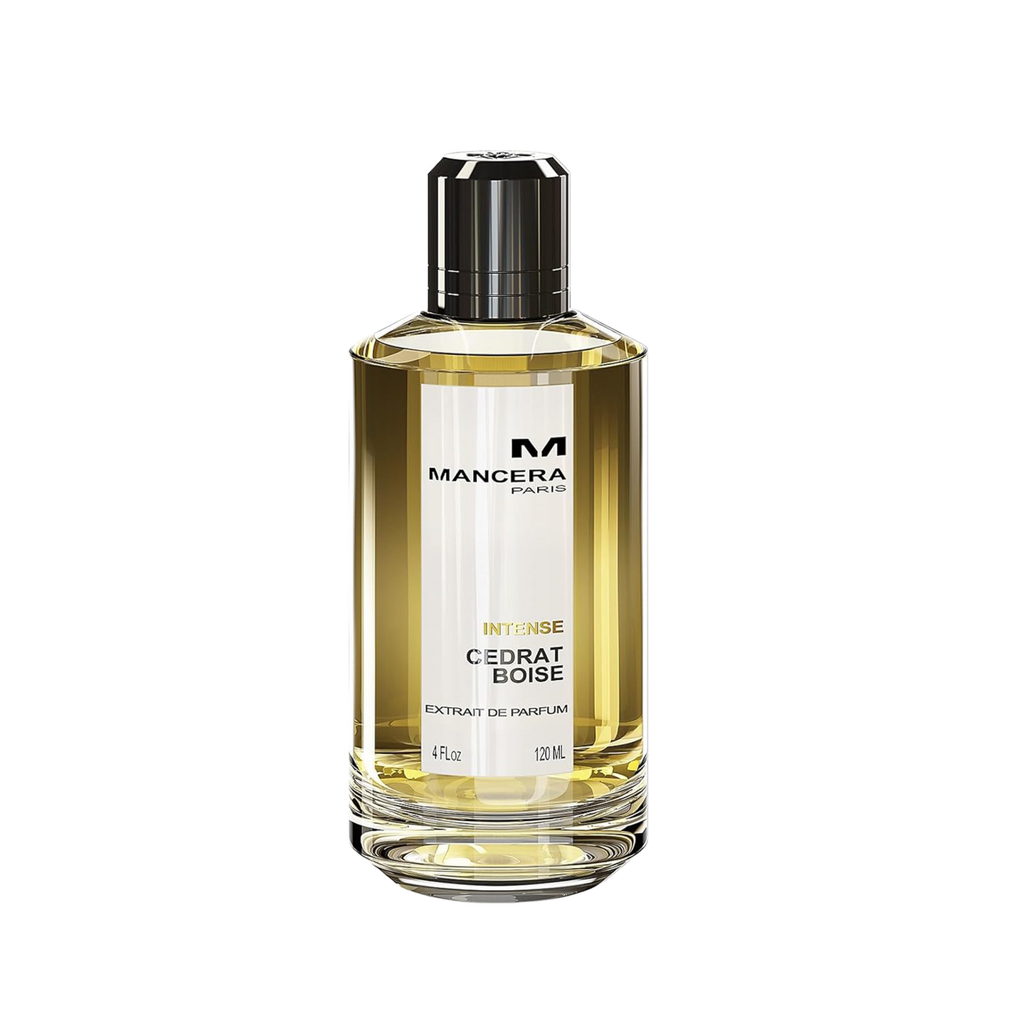 A bottle of Mancera Paris Intense Cedrat Boise extract oil perfume, featuring a clear glass bottle filled with golden-yellow liquid, a white label with black and gold text, and a glossy black cap, set against a plain white background.