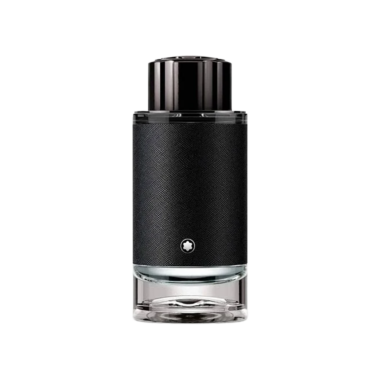 Montblanc Black Label cologne bottle in black textured material with a clear glass base, centered on a white background.