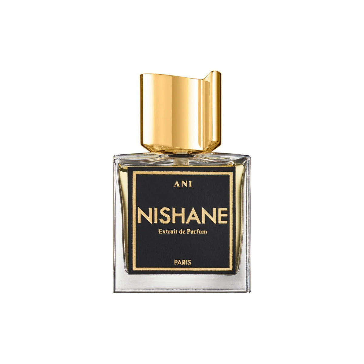 Nishane perfume bottle with gold cap on a white background