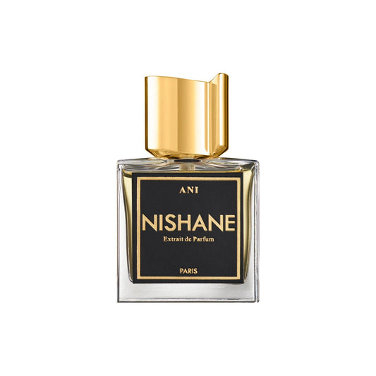 Nishane perfume bottle with gold cap on a white background