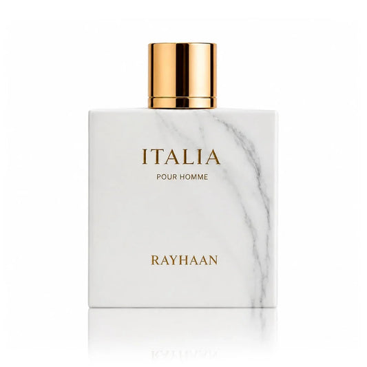 Rayhaan Italia Pour Homme fragrance bottle with a white marble-look front, gold lettering, and a shiny gold cylindrical cap on a white background.