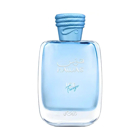 A bottle of HAWAS Ice Fringe fragrance with a light blue transparent glass body and a matching light blue textured cap, shown on a plain white background.