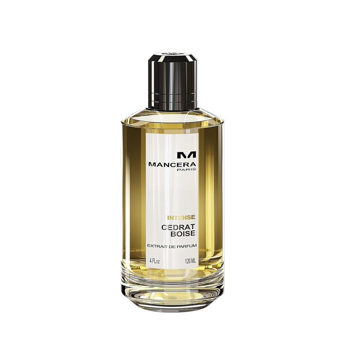 A bottle of Mancera Paris Intense Cedrat Boise extract oil perfume, featuring a clear glass bottle filled with golden-yellow liquid, a white label with black and gold text, and a glossy black cap, set against a plain white background.