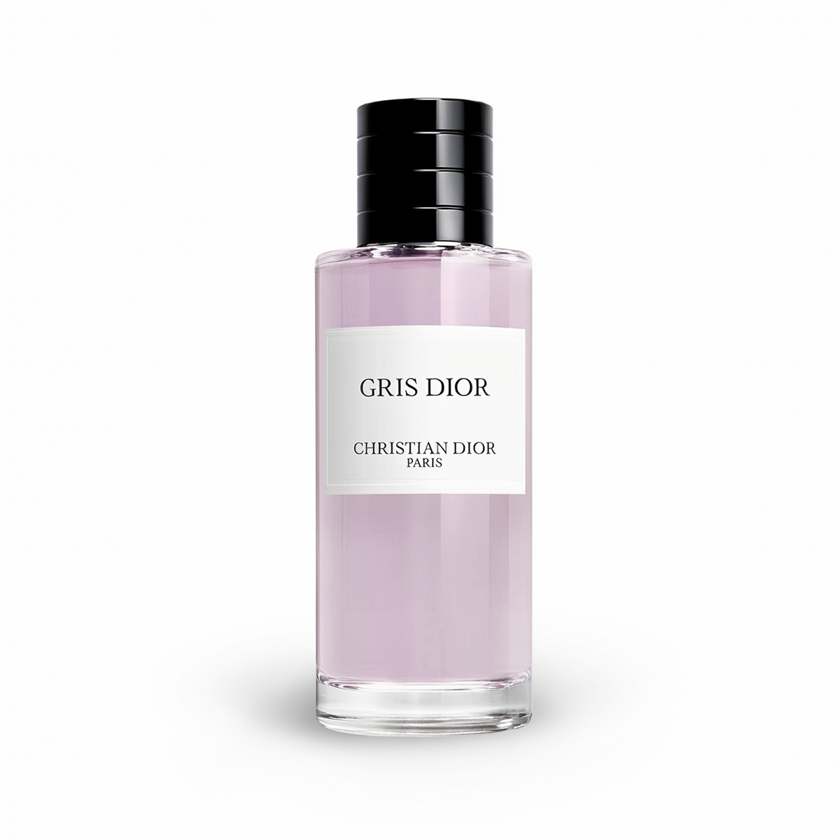 A bottle of Christian Dior Gris Dior perfume with light pink liquid, a white label, and a black cap, centered on a white background.