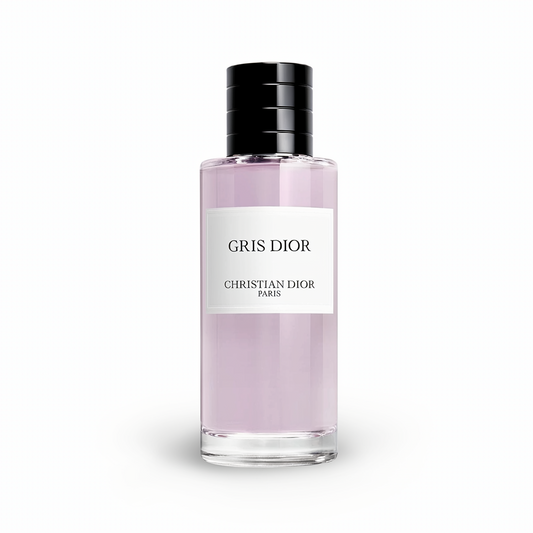 A bottle of Christian Dior Gris Dior perfume with light pink liquid, a white label, and a black cap, centered on a white background.