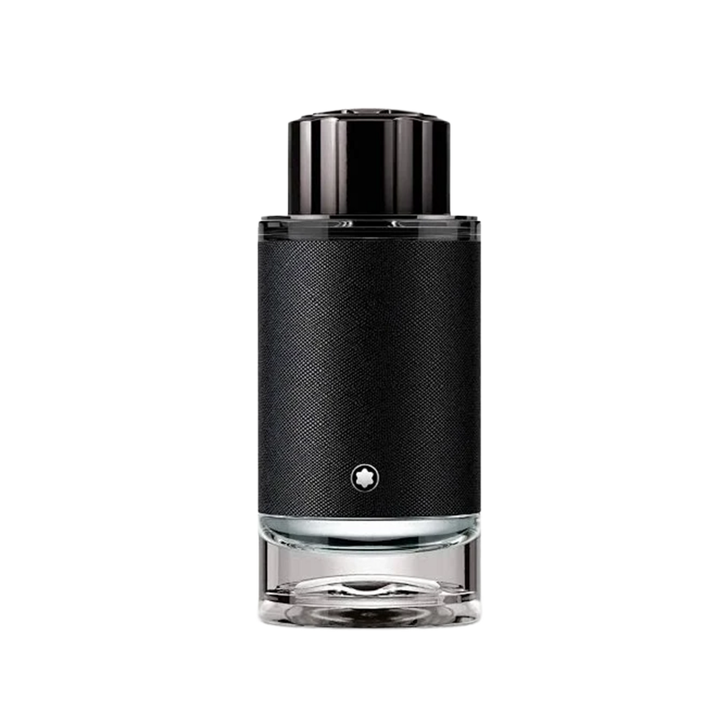 Montblanc Black Label cologne bottle in black textured material with a clear glass base, centered on a white background.
