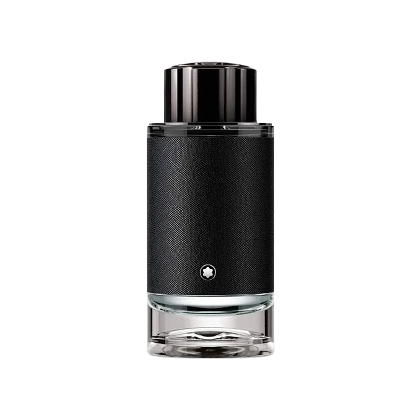 Montblanc Black Label cologne bottle in black textured material with a clear glass base, centered on a white background.
