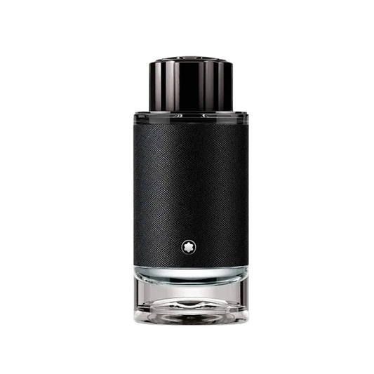 Montblanc Black Label cologne bottle in black textured material with a clear glass base, centered on a white background.