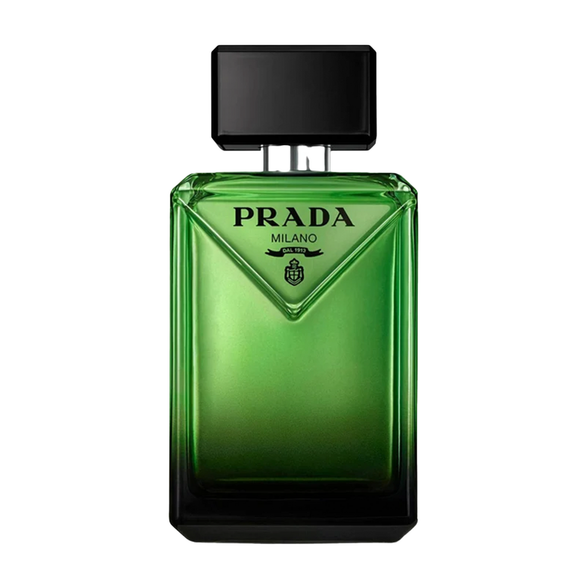 Prada Milano Green perfume bottle with a black cap, shown on a solid white background.